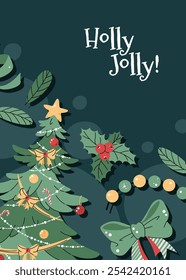 Greeting card with a Christmas tree decorated with garland and ornaments on a green background in a flat cartoon style. Vector illustration for Christmas poster, banner, card, invitation, etc.