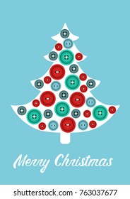 Greeting card with Christmas tree decorated with colorful buttons and wish of Merry Christmas. Vector illustration. EPS 10