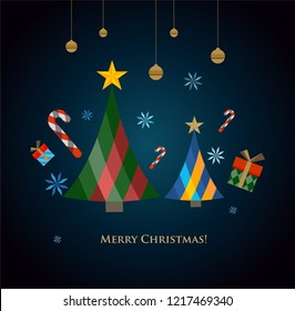 greeting card with Christmas tree and decorations