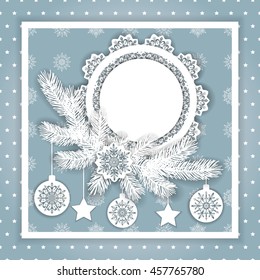 Greeting card with Christmas Tree and decorations. Scrapbook Round Frame on squared paper