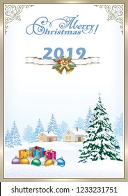 Greeting card with Christmas tree and gifts on a winter background. Vector illustration.