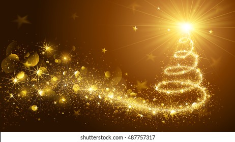 Greeting Card Christmas Tree Gold. Vector Illustration