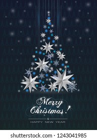 Greeting Card  With  Christmas Tree made of cutout paper stars, snowflakes and Christmas tree halftone pattern. Vector illustration of abstract Christmas tree and inscription Merry Christmas
