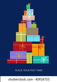 Greeting card with a Christmas tree made from a gifts - vector illustration