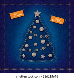 Greeting card with the Christmas tree on the denim texture