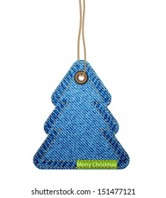 Greeting card with the Christmas tree on the denim texture