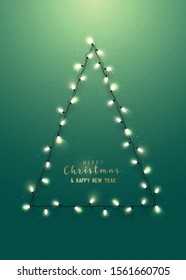 Greeting card with christmas tree on green wall. Realistic lighting garlands. Merry Christmas and Happy New Year. Stock Vector illustration.