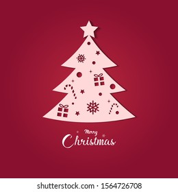 Greeting card with Christmas tree on red background