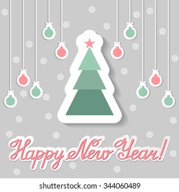 Greeting card with Christmas tree on gray background