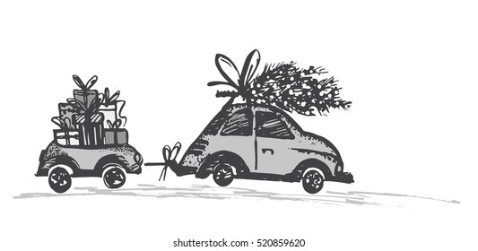 Greeting card with Christmas tree on car roof and car trailer with xmas gifts. Black, gray silhouette on white background. Draw by hand sketch . Vector illustration