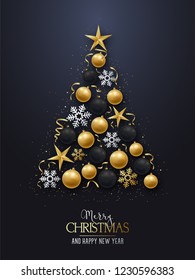 Greeting card with christmas tree. Shiny Christmas-tree decorations, balls, stars and snowflakes on a dark background. Merry Christmas and Happy New Year. Vector illustration.