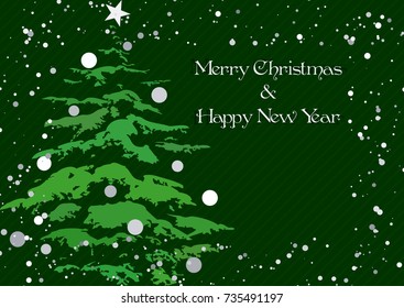 Greeting card with Christmas tree in snowfall on dark green background. Merry Christmas and Happy New Year. Vector illustration