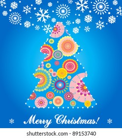 Greeting card with christmas tree and snowflake