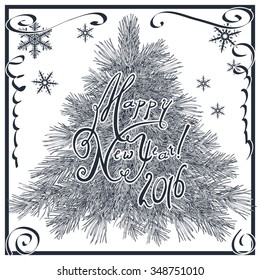 Greeting card with christmas tree, snowflakes, serpentine and hand drawn calligraphy title "Happy New Year 20016".