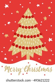Greeting card with Christmas tree, stars, garlands and snowflakes. Perfect for winter, New Year's decoration