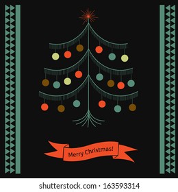 Greeting Card with Christmas Tree and text Merry Christmas. Winter template. 