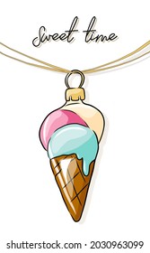 Greeting card with a Christmas tree toy in the form of ice cream. The inscription is in English. Print.