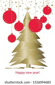 Greeting card Christmas tree of triangles in different shades of golden, balls. Design for christmas and new year holidays.