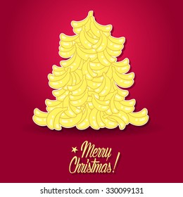 Greeting card of Christmas tree. Vector illustration of cartoon banana hill. Background and elements for posters, leaflets, wrapping, postcards, invitations, stickers, menu, promotion, season sale.