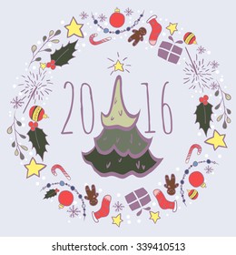 Greeting card with christmas tree. Vector circular wreath