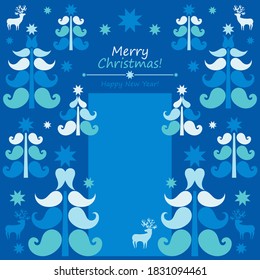 Greeting card with Christmas trees and deer. Decorative holiday text. Vector illustration for web design or print.
