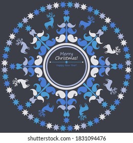 Greeting card with Christmas trees and deer. Decorative holiday text. Vector illustration for web design or print.