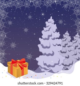 greeting card with Christmas trees and gift