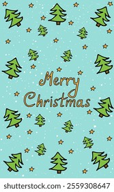 Greeting card of christmas trees pattern in hand drawn style. Vector illustration