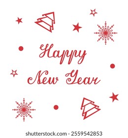 Greeting card with Christmas trees and snowflakes for the New Year. Vector template with text for packaging, postcards and banners. Image of Christmas trees and snowflakes in doodle style.