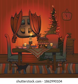 Greeting card for Christmas, vector graphics. Christmas spruce in the festive interior.
