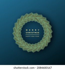 Greeting card with christmas wreath. Fir branches on blue background