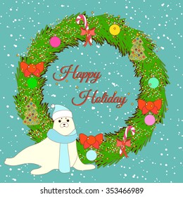 Greeting card with Christmas wreath and harp seal. Vector illustration.
