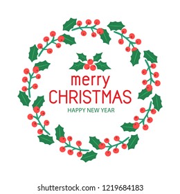 Greeting card with Christmas wreath and Merry Christmas calligraphy. Vector illustration.