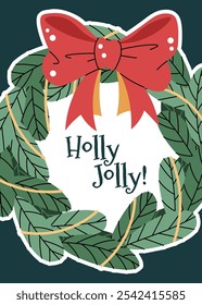 Greeting card with a Christmas wreath and a red bow in a flat cartoon style. Vector illustration for poster, banner, invitation, etc.