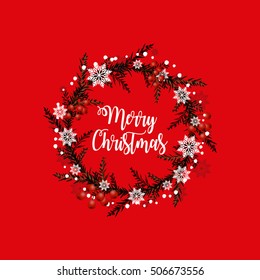 Greeting card with Christmas wreath. Vector illustration.
