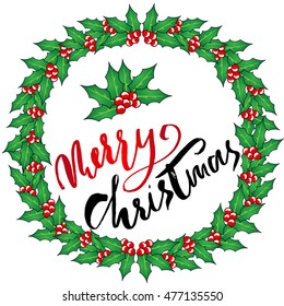 Greeting card with a Christmas wreaths and Merry Christmas message. Christmas lettering