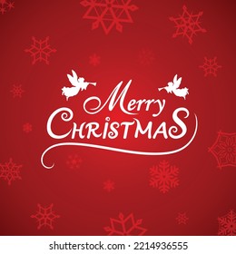 Greeting card for Christmas, xmas and winter holidays, vector illustration. White handwritten and angels on red background with snowflakes. Design elements for decoration holiday poster, flyer