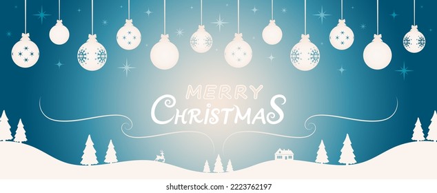 Greeting card for Christmas, xmas and winter holidays. Merry Christmas inscription with Christmas balls and stars, winter landscape with fir trees, house, reindeer and snow. Vector illustration