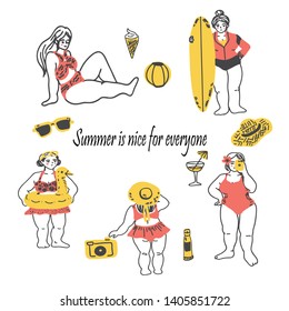 Greeting card with chubby girl enjoying smmer vibe with positive mood