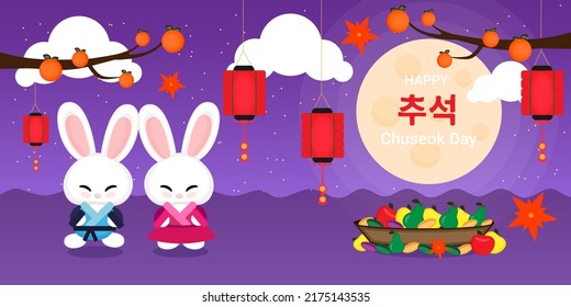 Greeting card Chuseok Korean national holiday, rabbits, flat style design vector illustration.
