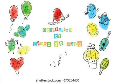 Greeting card of the Cinco de Mayo Day. Fingerprint Art collection of prints of fingers and paint the outlines of characters of humans. Vector illustration of a creative.