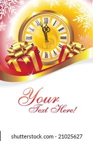 Tarjeta de saludo con reloj, regalos y espacio de copia, ilustración vectorial