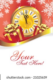 Greeting card with clock, gifts and copy space, vector illustration