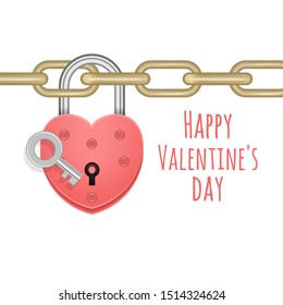Greeting card with Closed heart lock hanging on chain isolated on white. background for Valentine's day or any other Love invitation cards. Vector eps 10 format