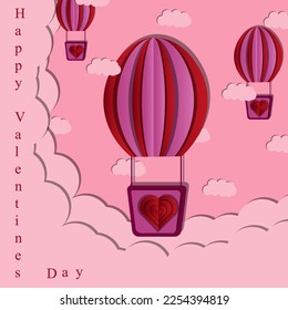 Greeting card with clouds, viva magenta air balloons and inscription happy valentine's day on pink background in cut out paper style, Valentine concept with aerostat.