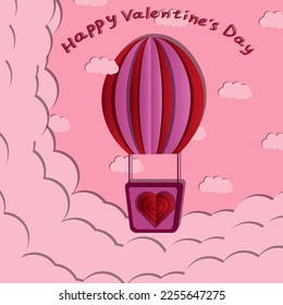 Greeting card with clouds, viva magenta air balloons and inscription happy valentine's day on pink background in cut out paper style, Valentine concept with aerostat.