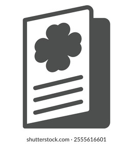 Greeting card with clover solid icon, festive saint Patrick day concept. Vector graphics. Open brochure with a four-leaf clover sign on white background, outline style icon for mobile or web