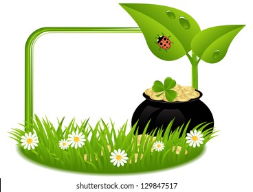 greeting card with clovers and pot of gold St. Patrick's Day