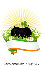greeting card with clovers and pot of gold St. Patrick's Day