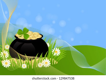 greeting card with clovers and pot of gold St. Patrick's Day